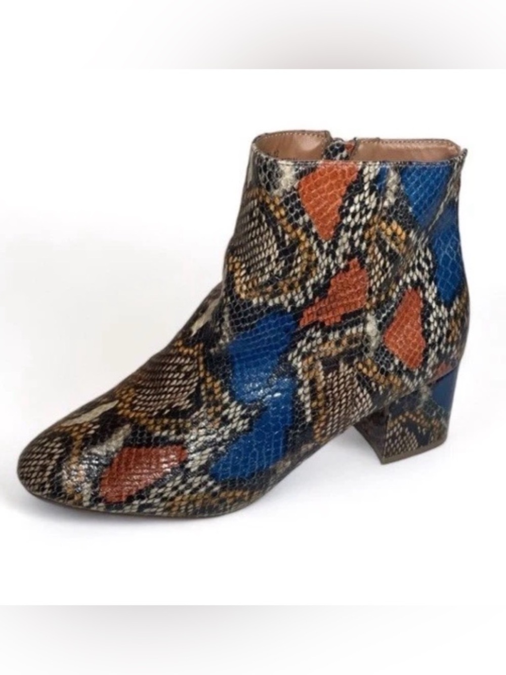 Rogue Helium Cameron Multicolored Faux Snakeskin Boots Sz 8.5 Block Heel Ankle